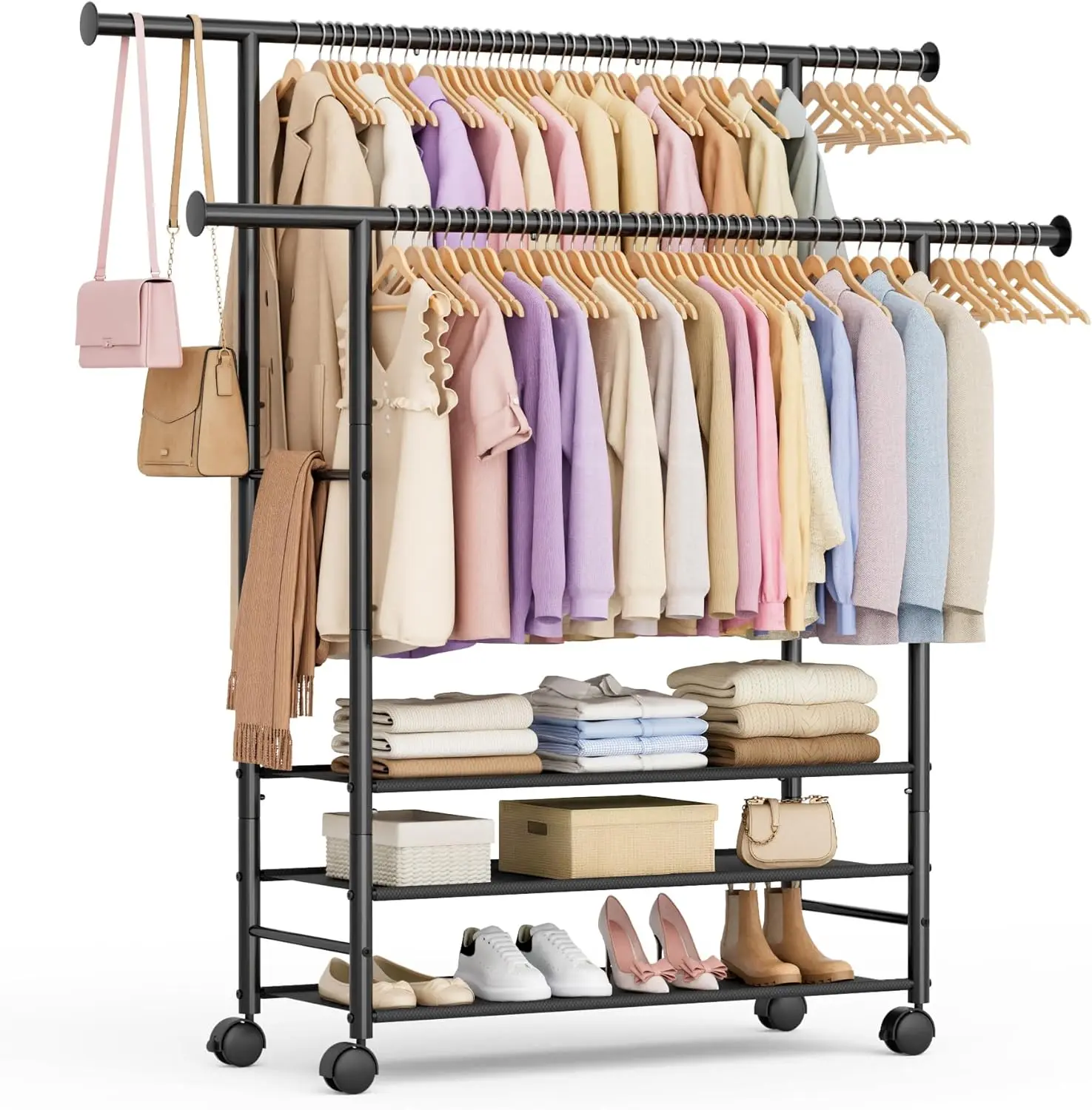 44" Double Rods Clothes Rack for Hanging Clothes, Sturdy Wardrobe Clothing Rack with 3 Tier Shelves, Portable Rolling Garment
44" Double Rods Clothes Rack for Hanging Clothes, Sturdy Wardrobe Clothing Rack with 3 Tier Shelves, Portable Rolling Garment