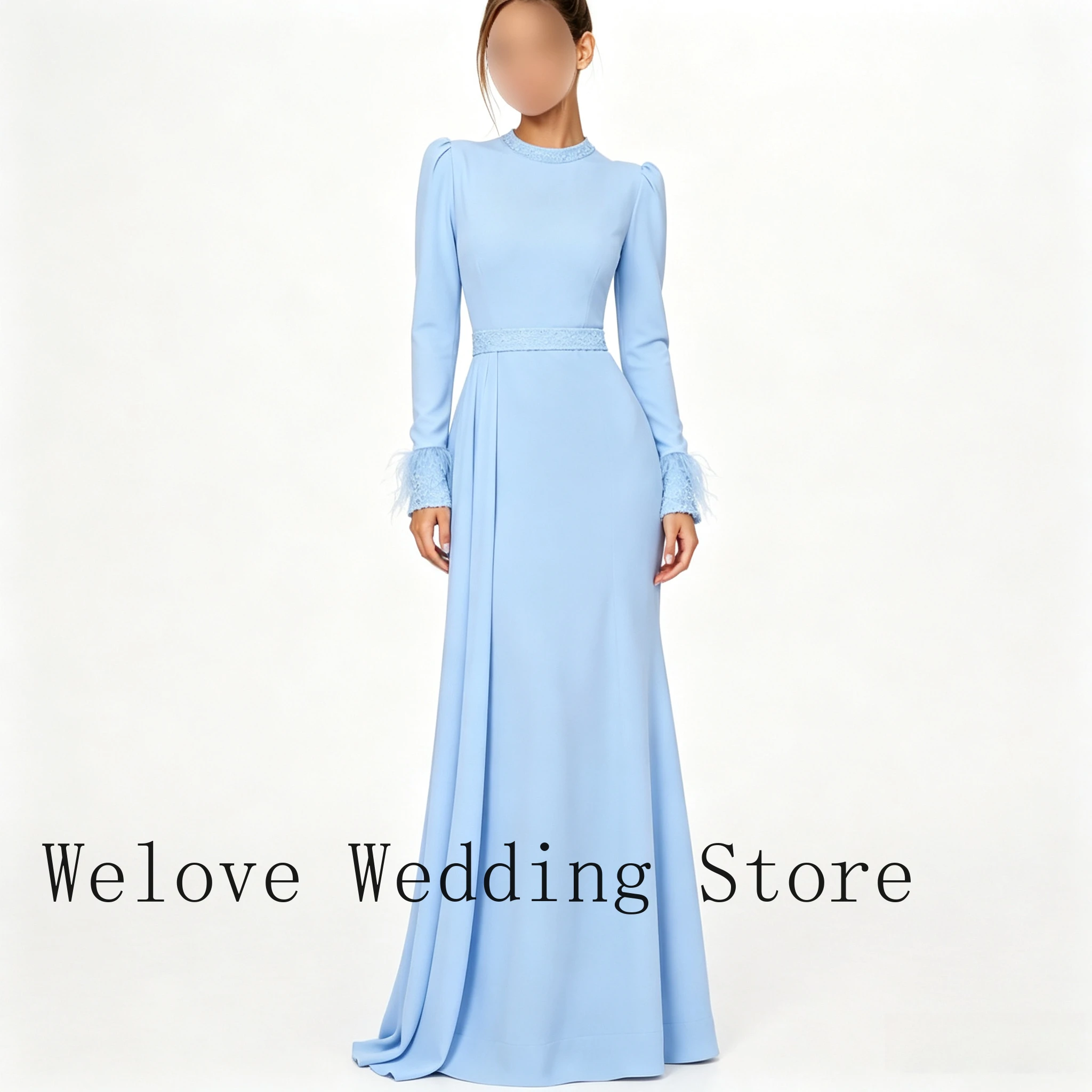Blue Formal Evening Dress with High Neck Long Sleeves Beaded Waistband Feather Cuffs and Flowing Floor-Length Skirt for Weddings
Blue Formal Evening Dress with High Neck Long Sleeves Beaded Waistband Feather Cuffs and Flowing Floor-Length Skirt for Weddings