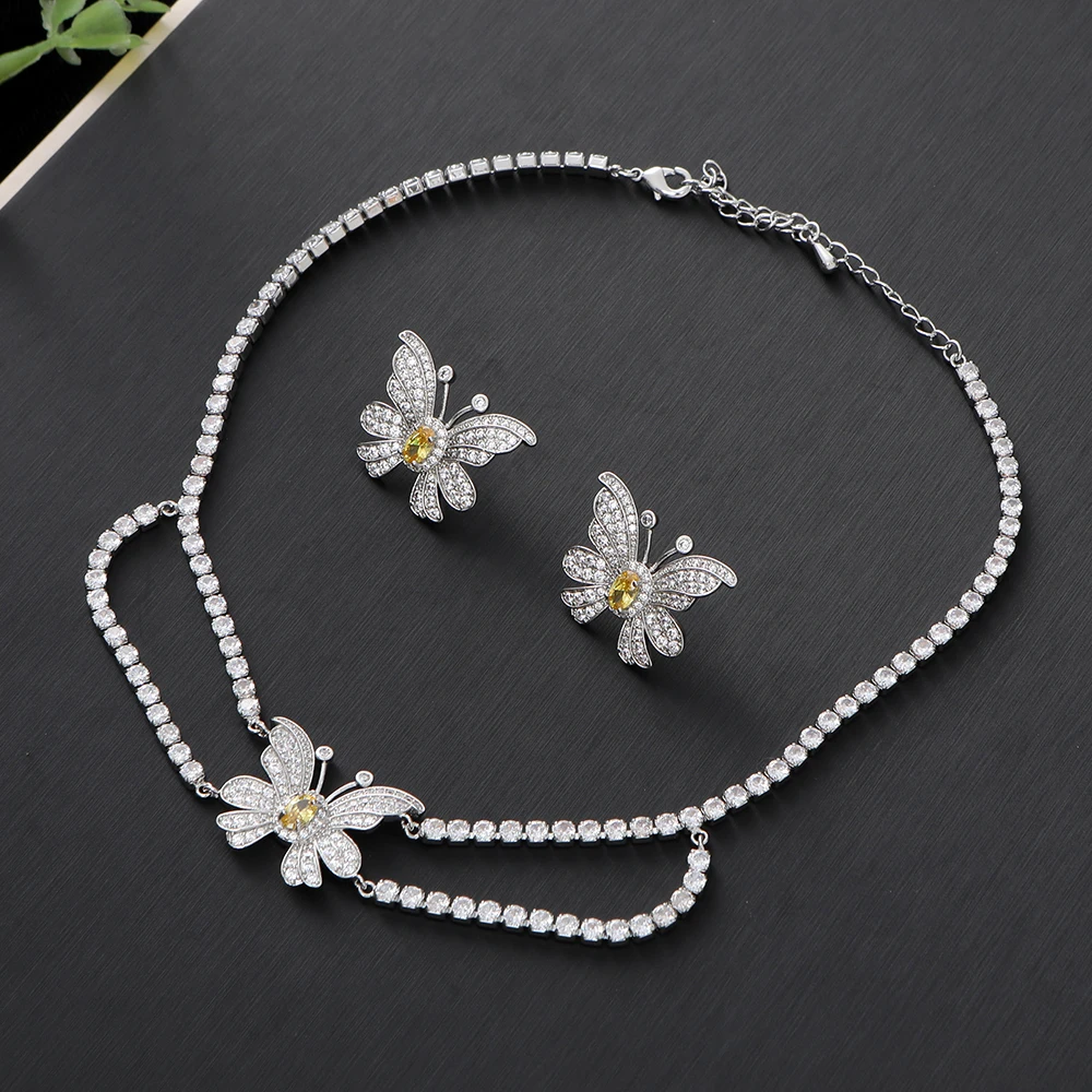 Luxury Butterfly Double Chain Necklace Earring Full Pave Cubic Zirconia Engagement Party Drop Jewelry Set For Dubai Women A0199
Luxury Butterfly Double Chain Necklace Earring Full Pave Cubic Zirconia Engagement Party Drop Jewelry Set For Dubai Women A0199