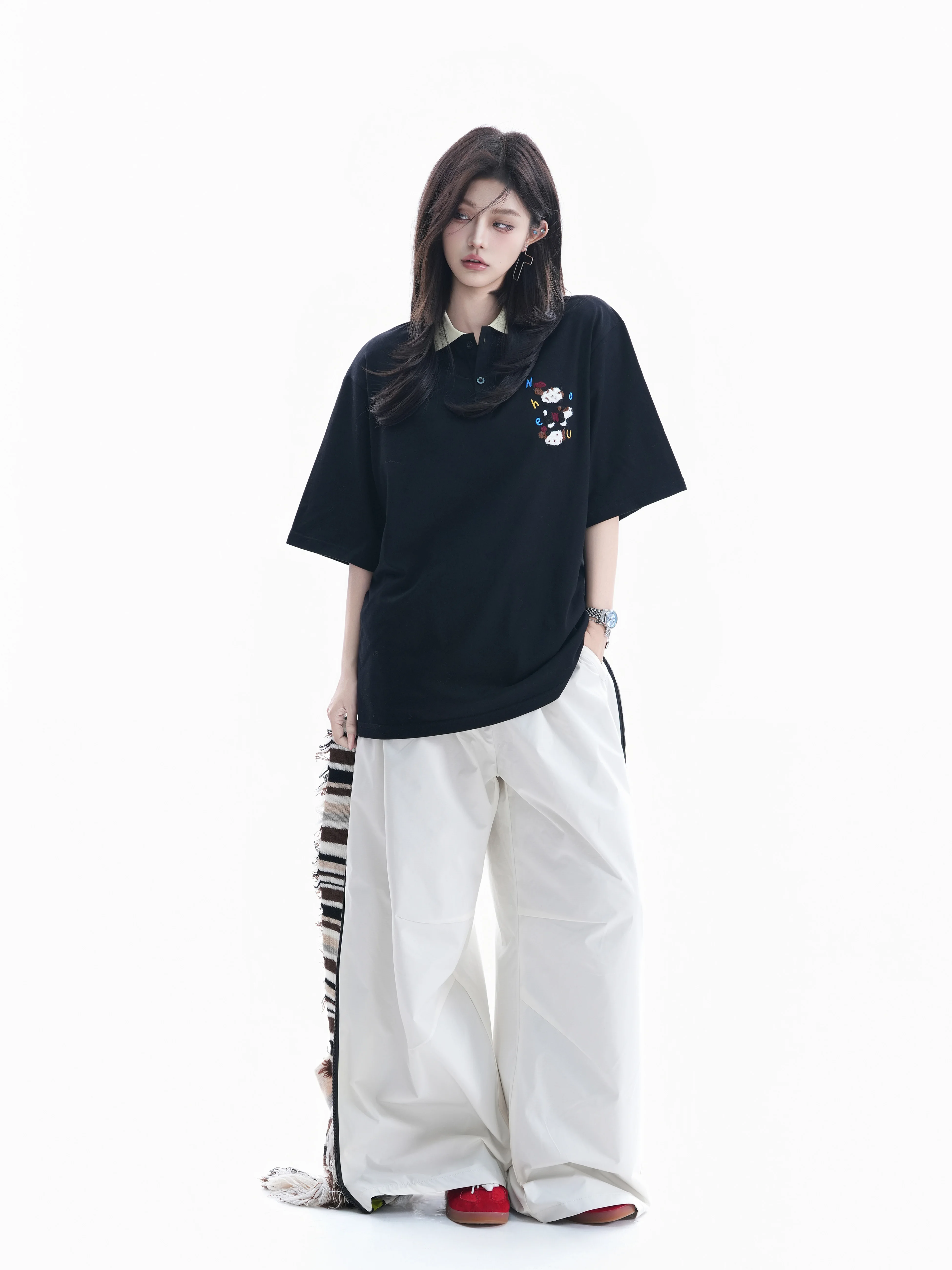 Loose Fit Short Sleeve T-Shirt Women's Collar Embroidery Casual Style Cotton Crew Neck Top for Couples by Smallqiuqiu
Loose Fit Short Sleeve T-Shirt Women's Collar Embroidery Casual Style Cotton Crew Neck Top for Couples by Smallqiuqiu