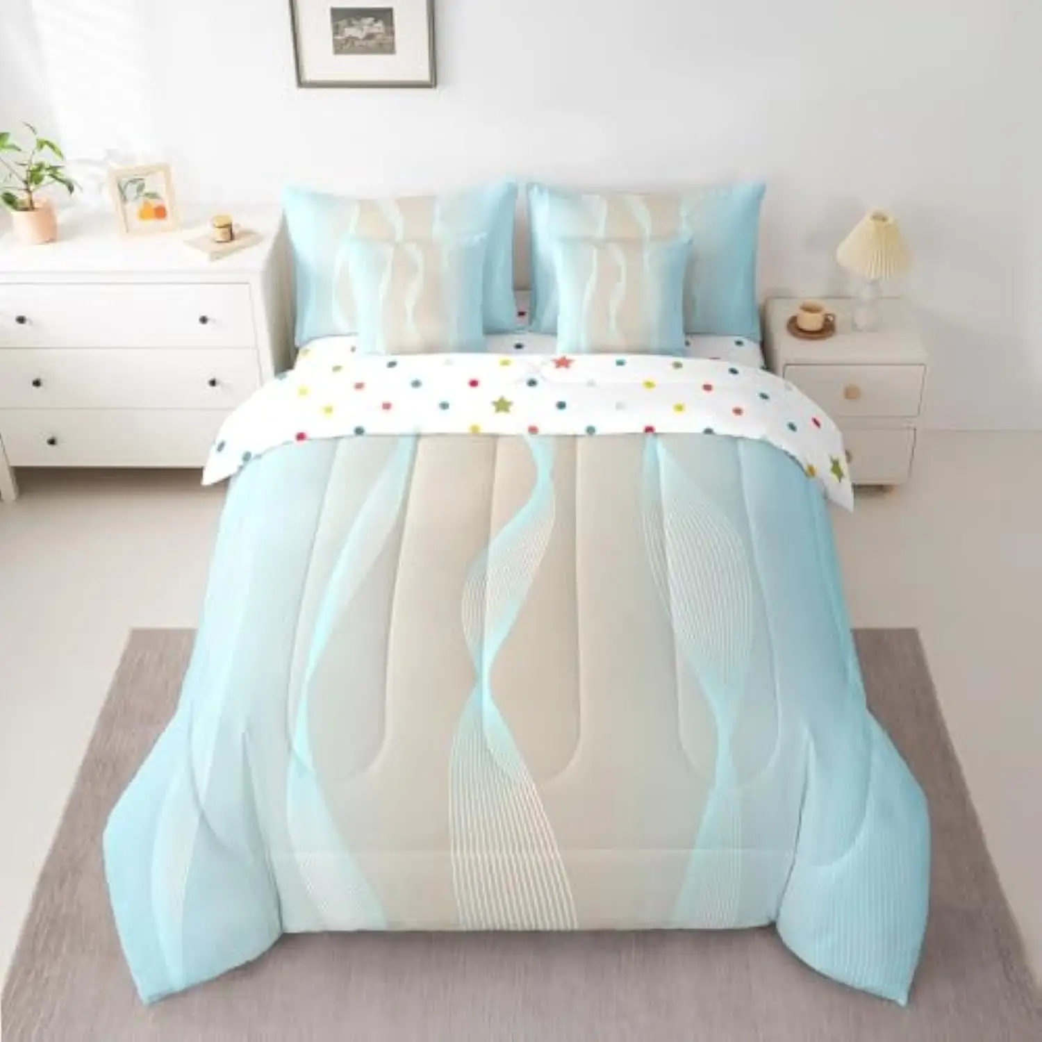 Gradient Aqua and Beige Bed in a Bag King Size Comforter Set 7 Pieces,Silver Foil Print Wave Striped Bedding Sets Abstract Omb
Gradient Aqua and Beige Bed in a Bag King Size Comforter Set 7 Pieces,Silver Foil Print Wave Striped Bedding Sets Abstract Omb