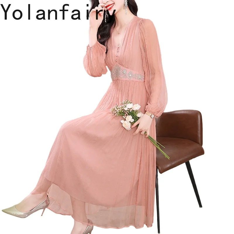 YOLANFAIRY High Quality 100% Natural Mulberry Silk Dresses Woman Autumn Long Sleeve Elegant Dresses V-neck Gentle Style Dress
YOLANFAIRY High Quality 100% Natural Mulberry Silk Dresses Woman Autumn Long Sleeve Elegant Dresses V-neck Gentle Style Dress