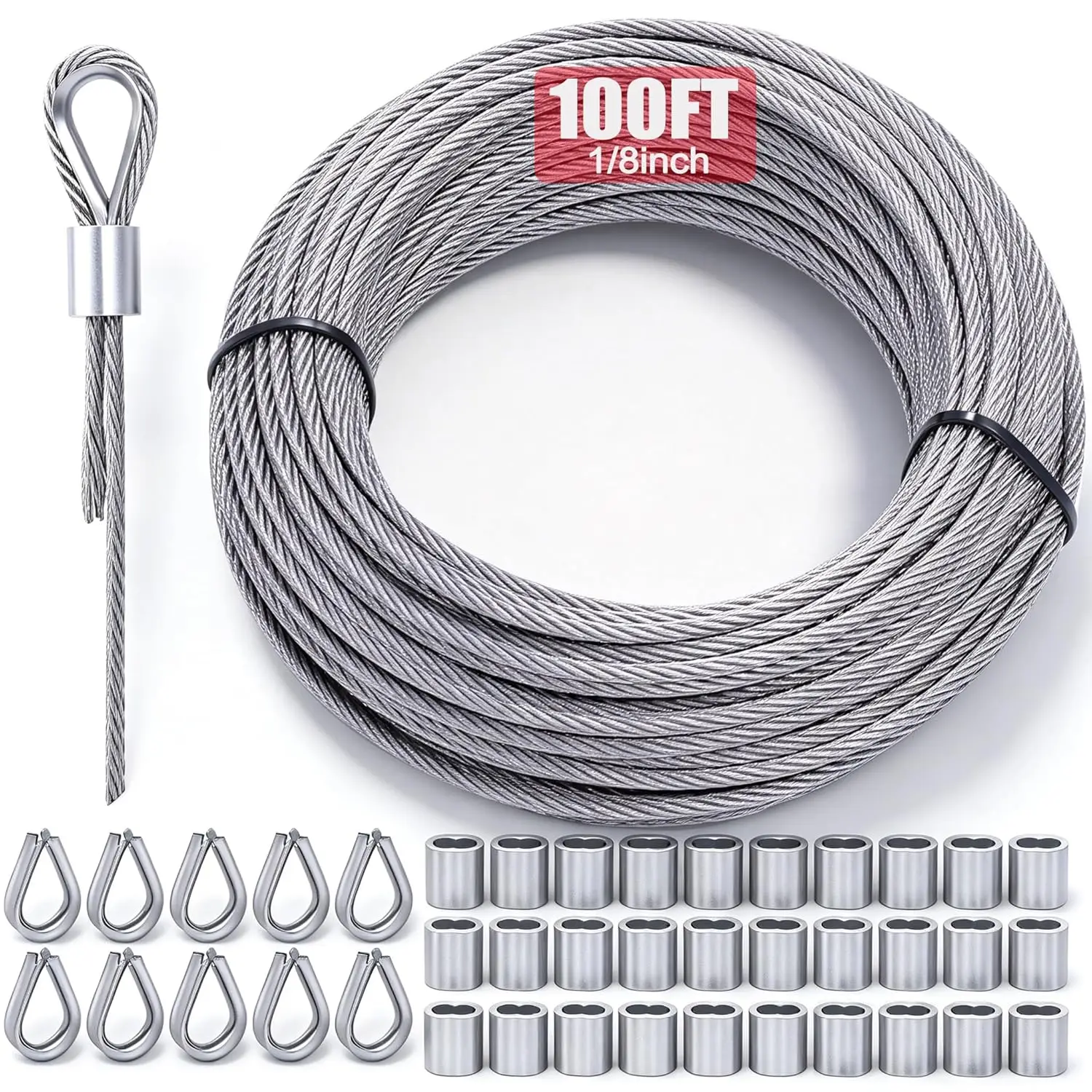 100FT 1/8" T316 Stainless Steel Cable Rope for Deck Railing 7x7 Wire Rope with 30PCS Crimping Sleeves & 10PCS Thimbles DIY Handrail
100FT 1/8" T316 Stainless Steel Cable Rope for Deck Railing 7x7 Wire Rope with 30PCS Crimping Sleeves & 10PCS Thimbles DIY Handrail