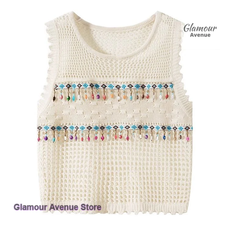 French retro folk style hollowed-out knitted vest for women in spring and autumn new tassel sleeveless suspender sweater top
French retro folk style hollowed-out knitted vest for women in spring and autumn new tassel sleeveless suspender sweater top