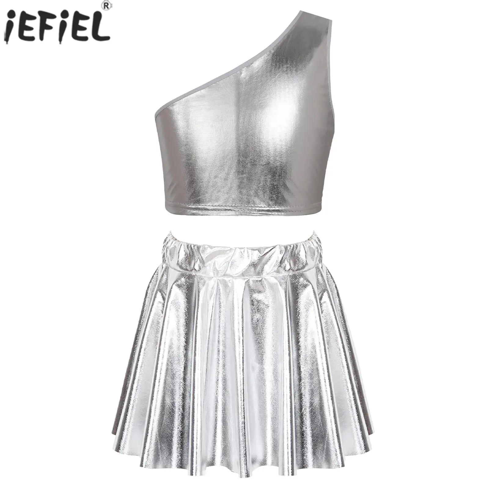 Kids Girls Metallic Shiny Jazz Dance Costume Single Shoulder Crop Top with Elastic Waistband Skirt Stage Performance Streetwear
Kids Girls Metallic Shiny Jazz Dance Costume Single Shoulder Crop Top with Elastic Waistband Skirt Stage Performance Streetwear
