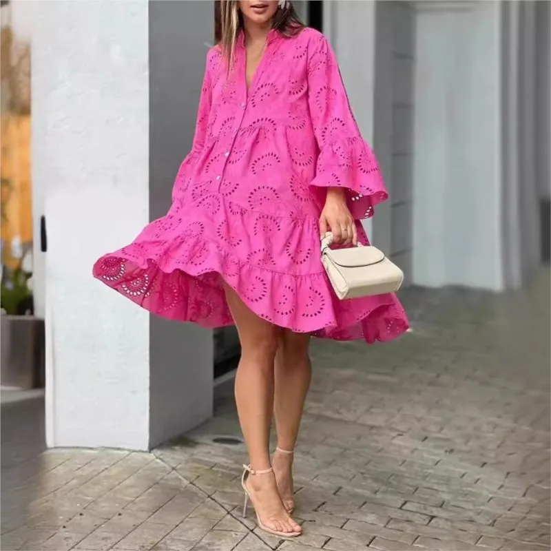 Women's Lace Hollow Out Solid Dress Summer Autumn Elegant Vintage Dress V-neck Button Loose Embroidery Vestidos Beach Mini Dress
Women's Lace Hollow Out Solid Dress Summer Autumn Elegant Vintage Dress V-neck Button Loose Embroidery Vestidos Beach Mini Dress