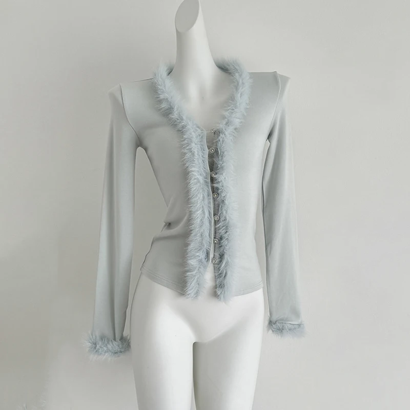 Хутряные светло-голубые рубашки с v-образным вырезом и длинными рукавами, женские зимние облегающие блузки, уличные топы, блузки, модные элегантные топы, женская одежда
Хутряные светло-голубые рубашки с v-образным вырезом и длинными рукавами, женские зимние облегающие блузки, уличные топы, блузки, модные элегантные топы, женская одежда