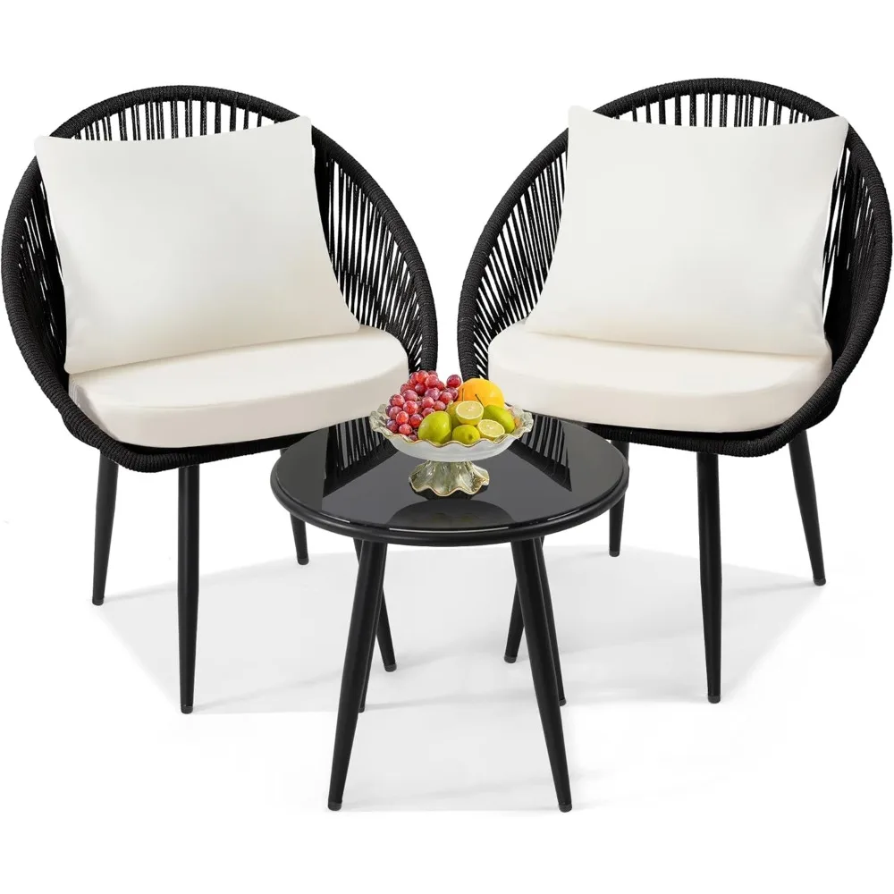 3 Piece Bistro Set, Woven Rope Chair with Cushions, All Weather Patio Conversation Set with Side Table, Ideal for Deck, Balcony
3 Piece Bistro Set, Woven Rope Chair with Cushions, All Weather Patio Conversation Set with Side Table, Ideal for Deck, Balcony