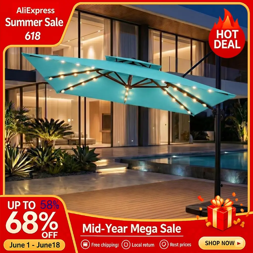 10 X 10 FT Square Double Top Cantilever Umbrella, Solar Lights Aluminum Frame with Base, Custom
10 X 10 FT Square Double Top Cantilever Umbrella, Solar Lights Aluminum Frame with Base, Custom