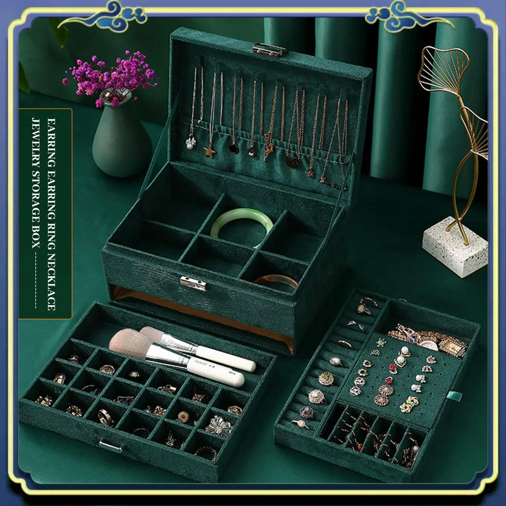 A56P-Three Layer New Vintage Flannel Jewelry Box Earrings Earrings Rings Necklace Jewelry Storage Box Dark Green
A56P-Three Layer New Vintage Flannel Jewelry Box Earrings Earrings Rings Necklace Jewelry Storage Box Dark Green