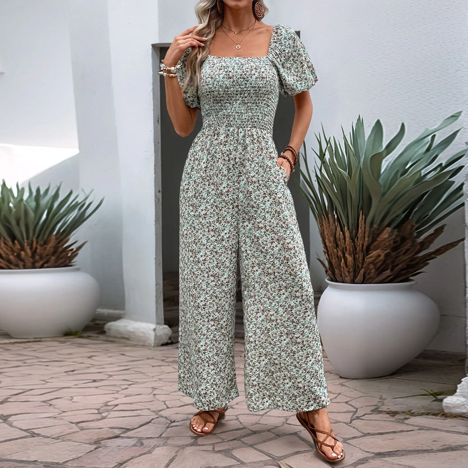 Women's Jumpsuit Square Neck Bubble Sleeve Wide Leg Pants With Waistband Smocking Elastic Print Pocket Jumpsuits Female Summer
Women's Jumpsuit Square Neck Bubble Sleeve Wide Leg Pants With Waistband Smocking Elastic Print Pocket Jumpsuits Female Summer