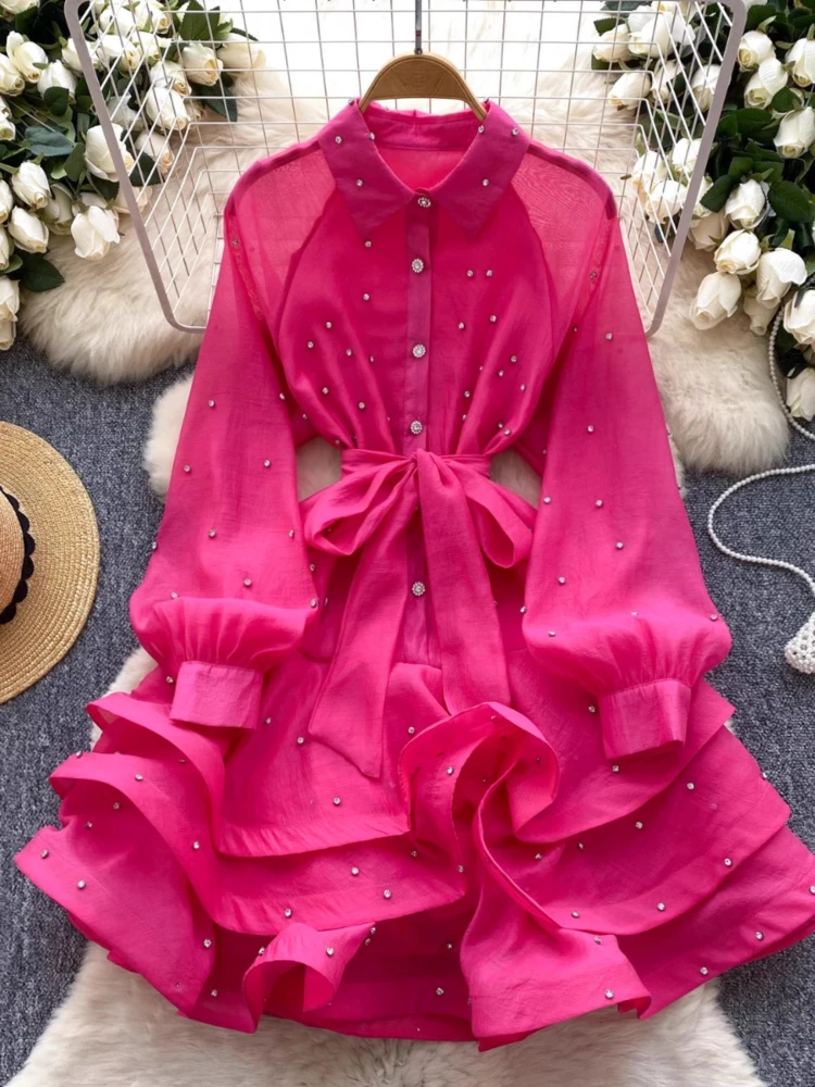French Sweet Dresses Heavy Beading Ruffles Sashes Solid Color Lantern Sleeve Dress Female Slim Elegant Design Women's Clothing
French Sweet Dresses Heavy Beading Ruffles Sashes Solid Color Lantern Sleeve Dress Female Slim Elegant Design Women's Clothing