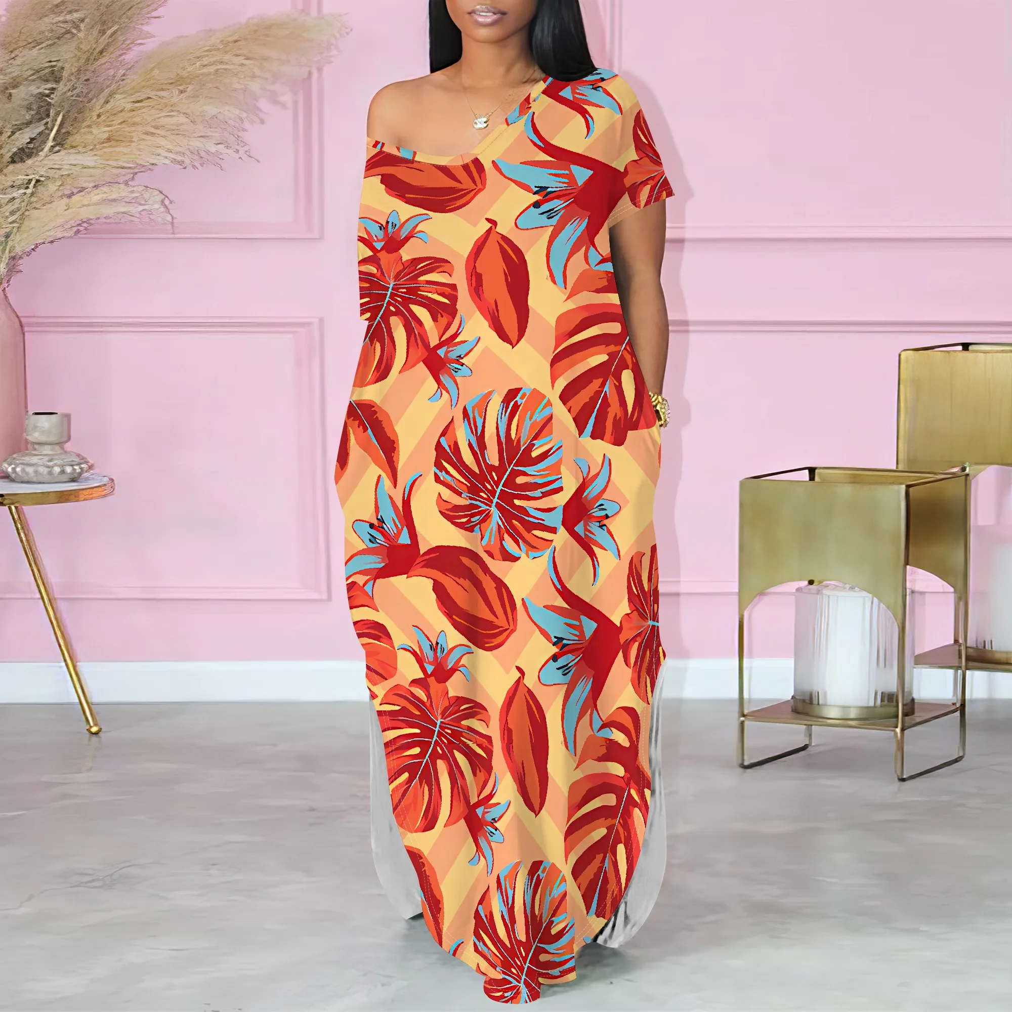 Tropical Leaf Print One Shoulder Maxi Dress Summer Vacation Casual Loose Fit Dress
Tropical Leaf Print One Shoulder Maxi Dress Summer Vacation Casual Loose Fit Dress