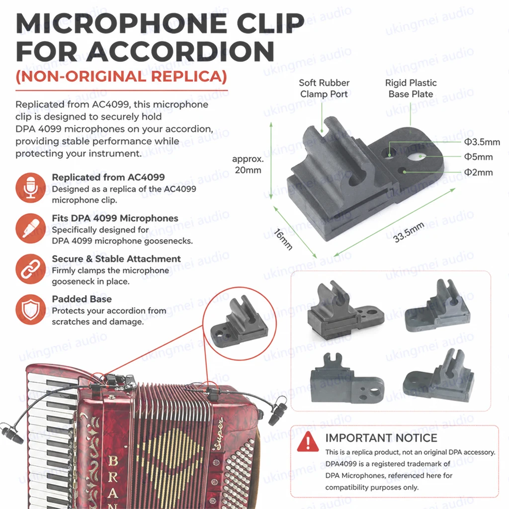 Accordion Microphone Clip Fits DPA 4099 Microphone Mic Mount Holder Padded Base for Instrument Protection Non-Original Replica
Accordion Microphone Clip Fits DPA 4099 Microphone Mic Mount Holder Padded Base for Instrument Protection Non-Original Replica