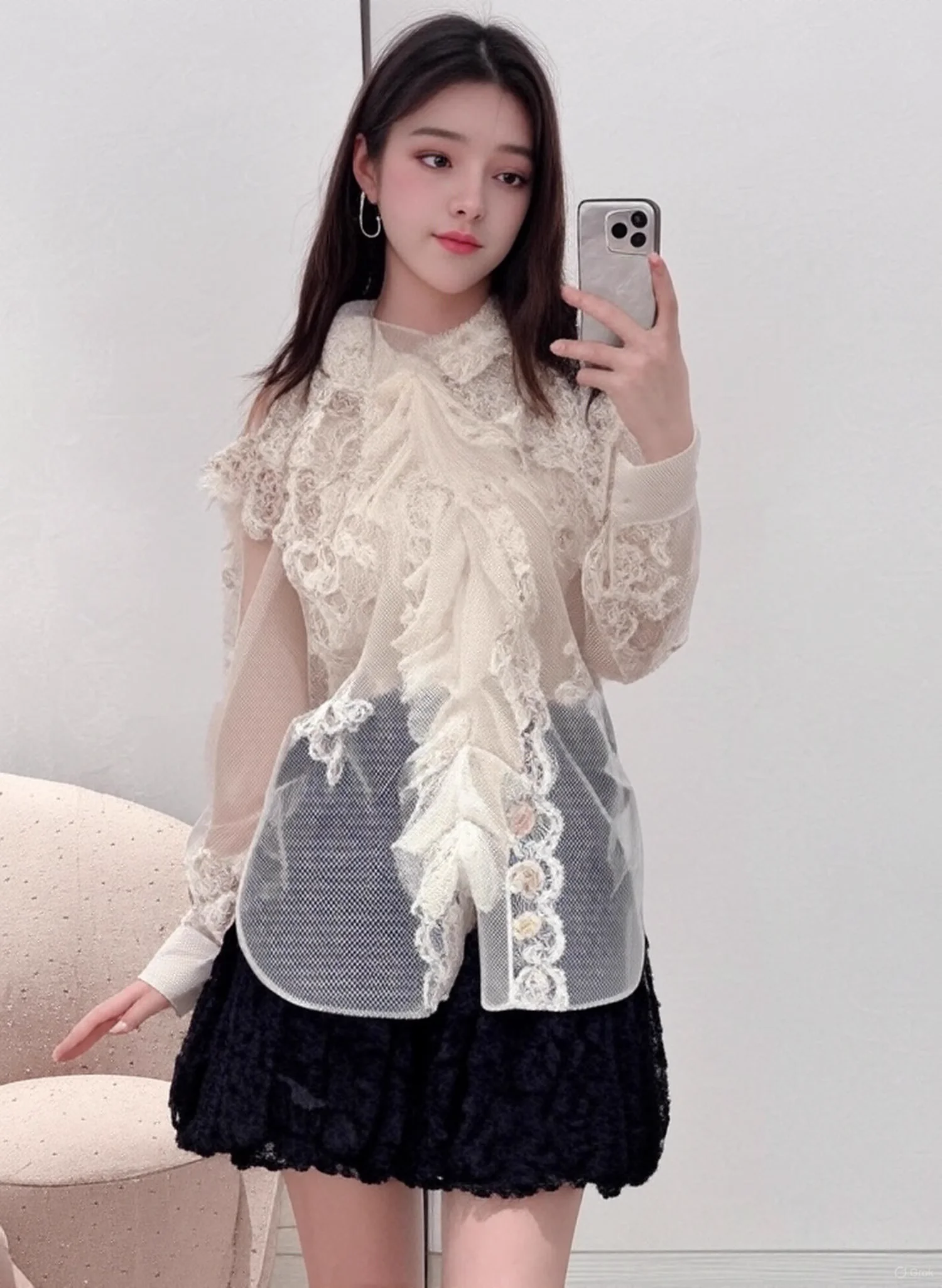 Sexy Transparent Lace Top Fashion Ladies Beige Embroidered Shirt Elegant Women's Silk Blouse 2026
Sexy Transparent Lace Top Fashion Ladies Beige Embroidered Shirt Elegant Women's Silk Blouse 2026