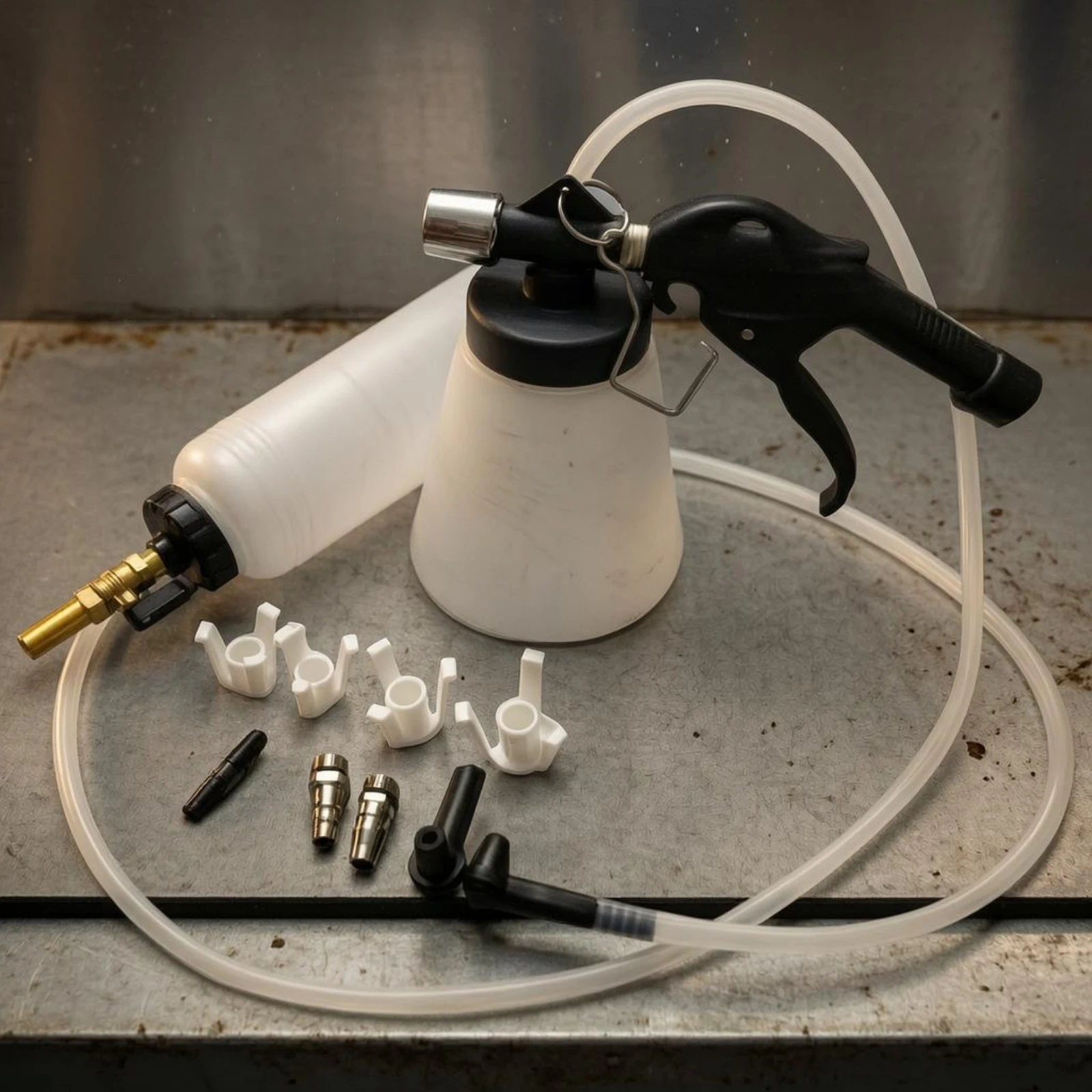 Pneumatic Brake Bleeder Machine 1 L Capacity Two-Chamber-Tank Brake Bleeder Auto Repair Adapter Fittings Transparent Tubing
Pneumatic Brake Bleeder Machine 1 L Capacity Two-Chamber-Tank Brake Bleeder Auto Repair Adapter Fittings Transparent Tubing