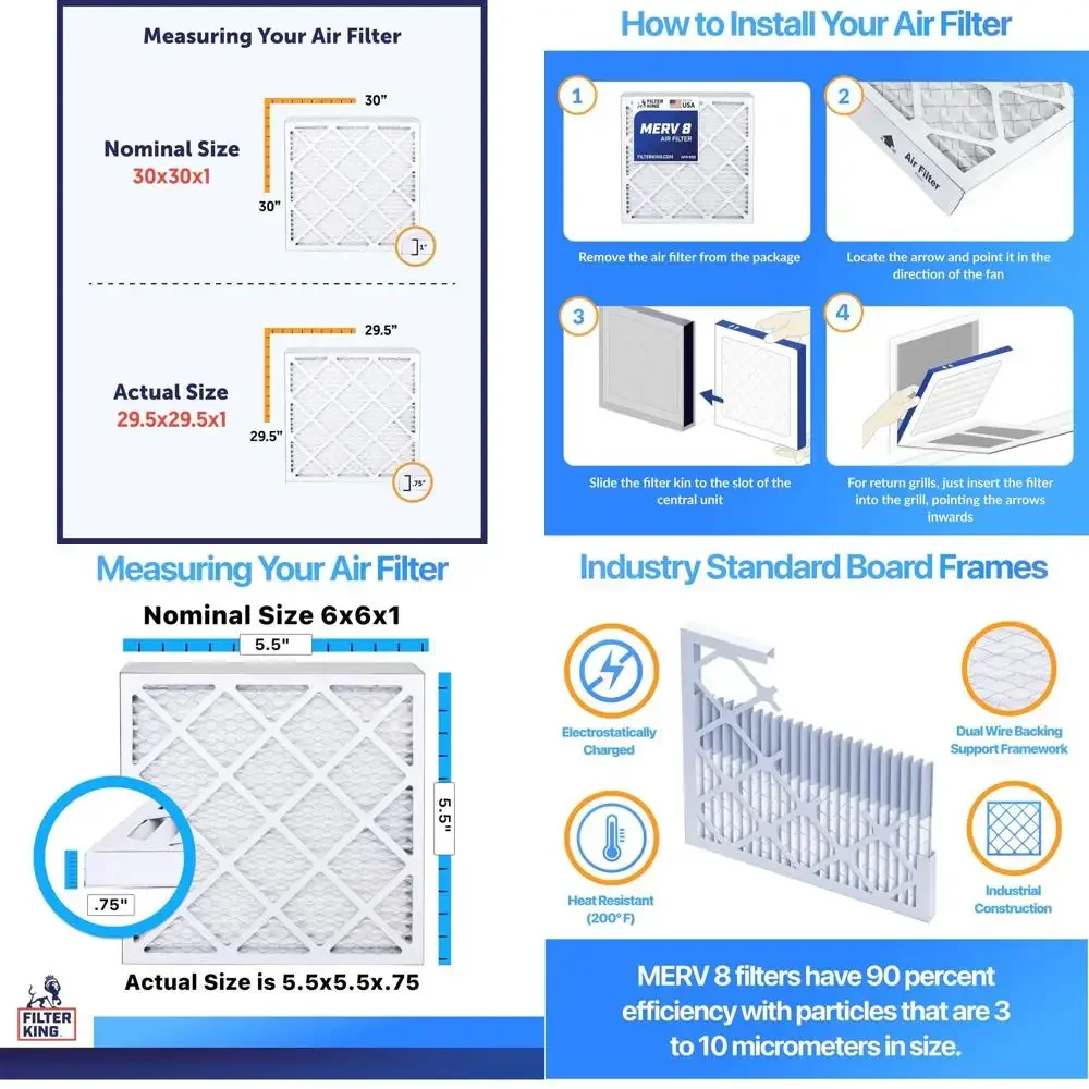 6x6x1 MERV 8 Pleated Air Filters (4-Pack) - Dust & Allergy Control for HVAC Systems, Made in USA
6x6x1 MERV 8 Pleated Air Filters (4-Pack) - Dust & Allergy Control for HVAC Systems, Made in USA