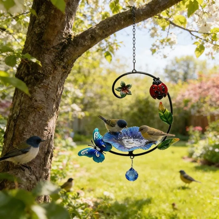 【New Arrival】Hanging Bird Bath Feeder, Stained Glass Flower Design with Butterfly & Ladybug, Outdoor Garden Decor
【New Arrival】Hanging Bird Bath Feeder, Stained Glass Flower Design with Butterfly & Ladybug, Outdoor Garden Decor