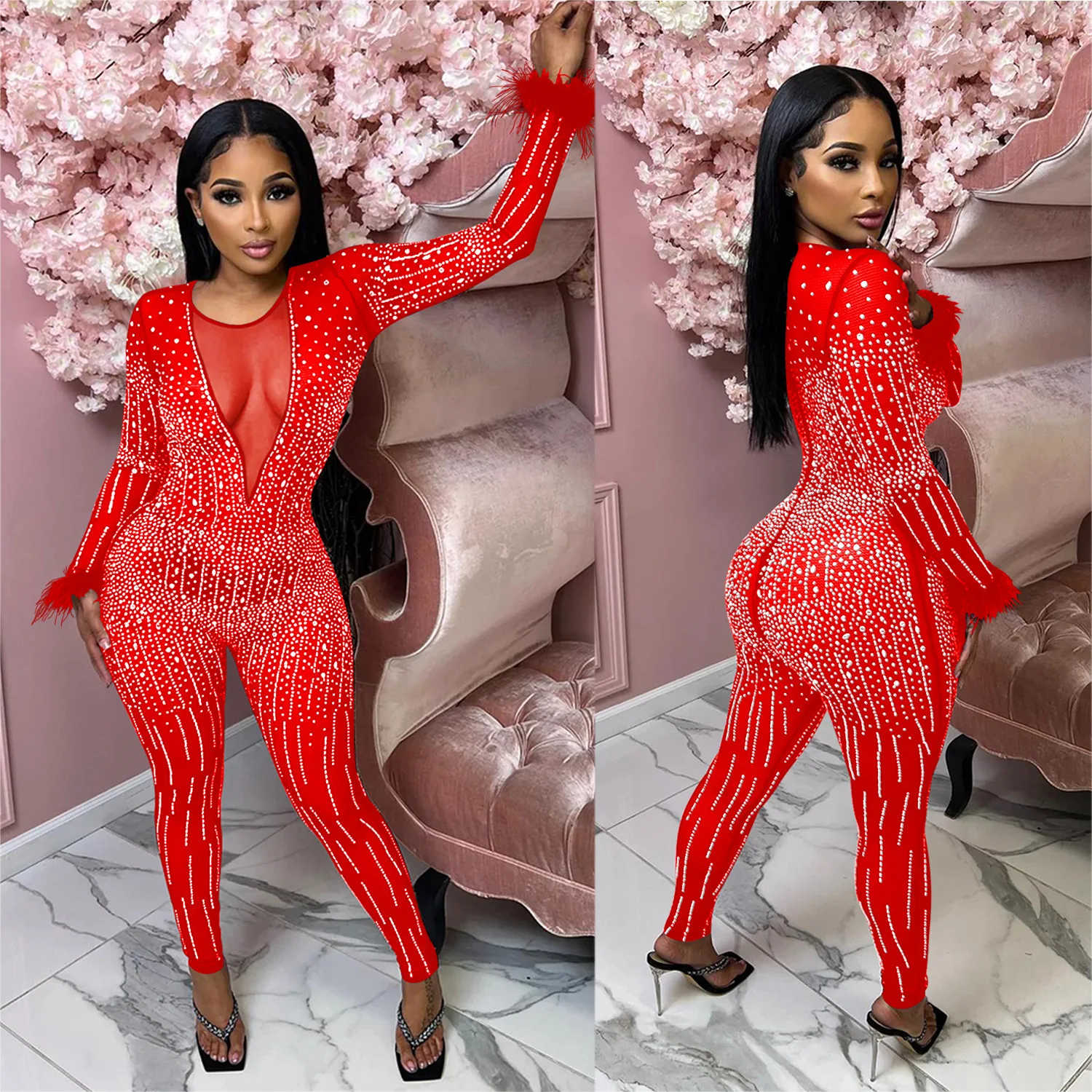 C6200 Fashion Women's Mesh Hot Diamond V-Neck Long Sleeve Feather Storage Jumpsuit Female
C6200 Fashion Women's Mesh Hot Diamond V-Neck Long Sleeve Feather Storage Jumpsuit Female