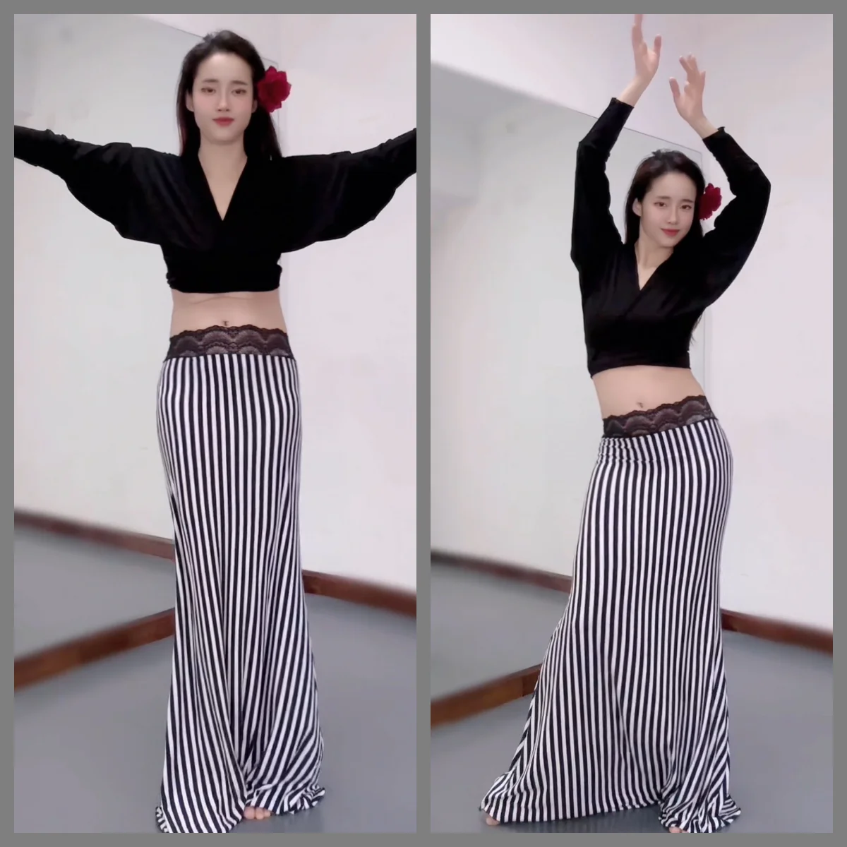 Belly dancing clothes black long sleeved top and lace striped long skirt set for adult women's bellydance performance costumes
Belly dancing clothes black long sleeved top and lace striped long skirt set for adult women's bellydance performance costumes