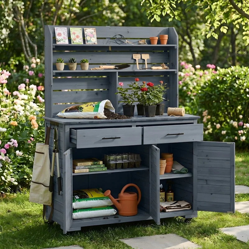 TOPMAX 65" H Garden Potting Bench with Lockable Wheels, Storage Cabinet, Hutch Top, Drawers, Removable Shelves – Gray Outdoor Kitchen Island Prep Cart
TOPMAX 65" H Garden Potting Bench with Lockable Wheels, Storage Cabinet, Hutch Top, Drawers, Removable Shelves – Gray Outdoor Kitchen Island Prep Cart