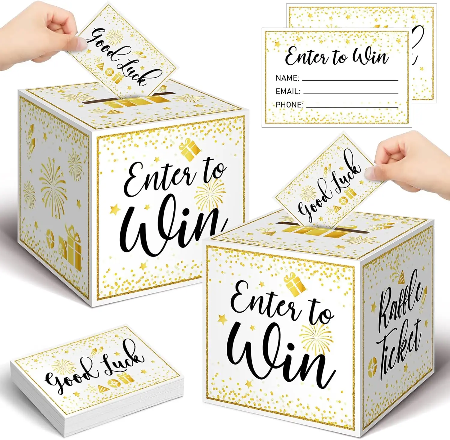 2 Pack Raffle Box with 200 Entry Cards - Gold Brass Donation Ballot Box for Voting, Suggestion, Fundraising
2 Pack Raffle Box with 200 Entry Cards - Gold Brass Donation Ballot Box for Voting, Suggestion, Fundraising