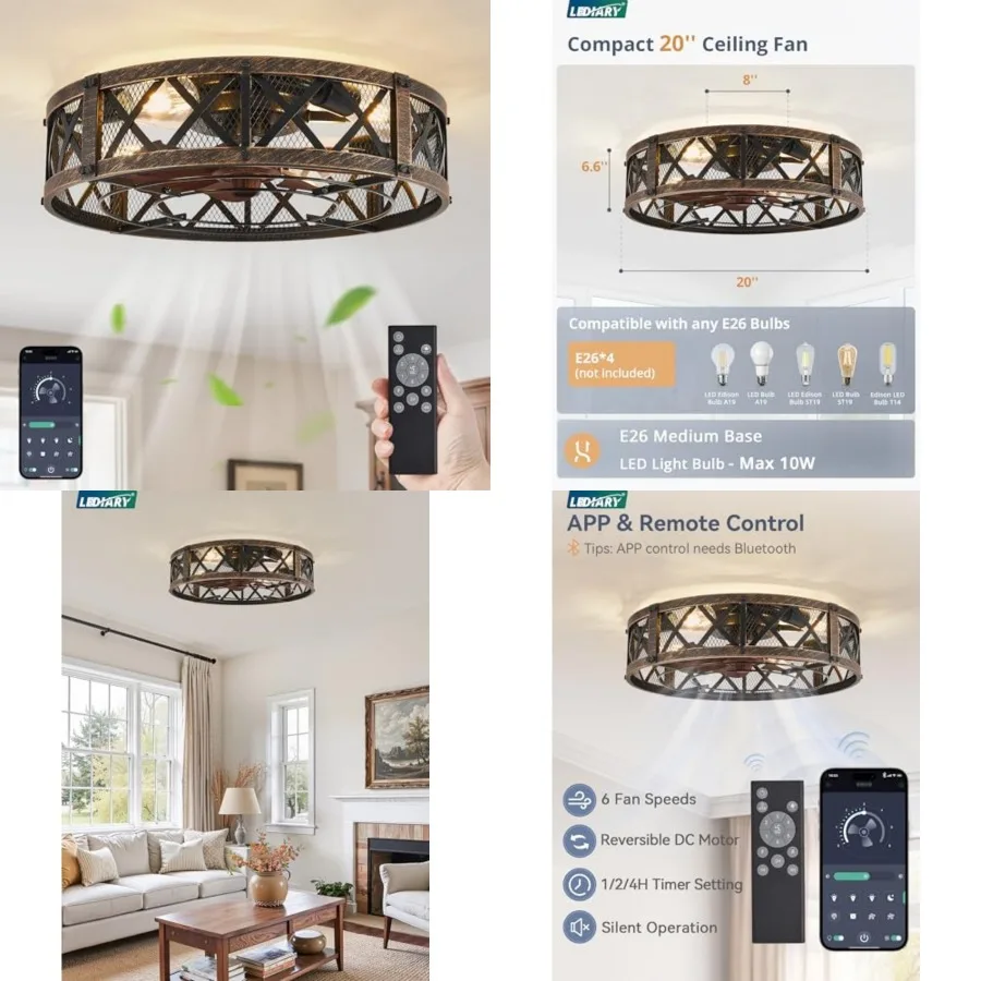 Caged Ceilg Fan With Light, APPandRemote Control, Small Flush Mount Farmhouse Fan Lights, Low Profile Rustic Bladeless Ceilg Fa
Caged Ceilg Fan With Light, APPandRemote Control, Small Flush Mount Farmhouse Fan Lights, Low Profile Rustic Bladeless Ceilg Fa