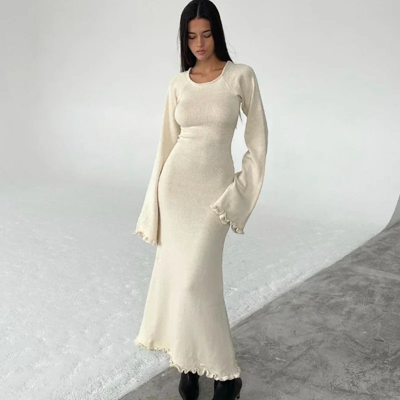 Women Knitted Bodycon Dress Long Sleeve Tie Backless Round Neck Dress Solid Ruffle Trim Casual Dresses Fashion Clothes Y2k
Women Knitted Bodycon Dress Long Sleeve Tie Backless Round Neck Dress Solid Ruffle Trim Casual Dresses Fashion Clothes Y2k