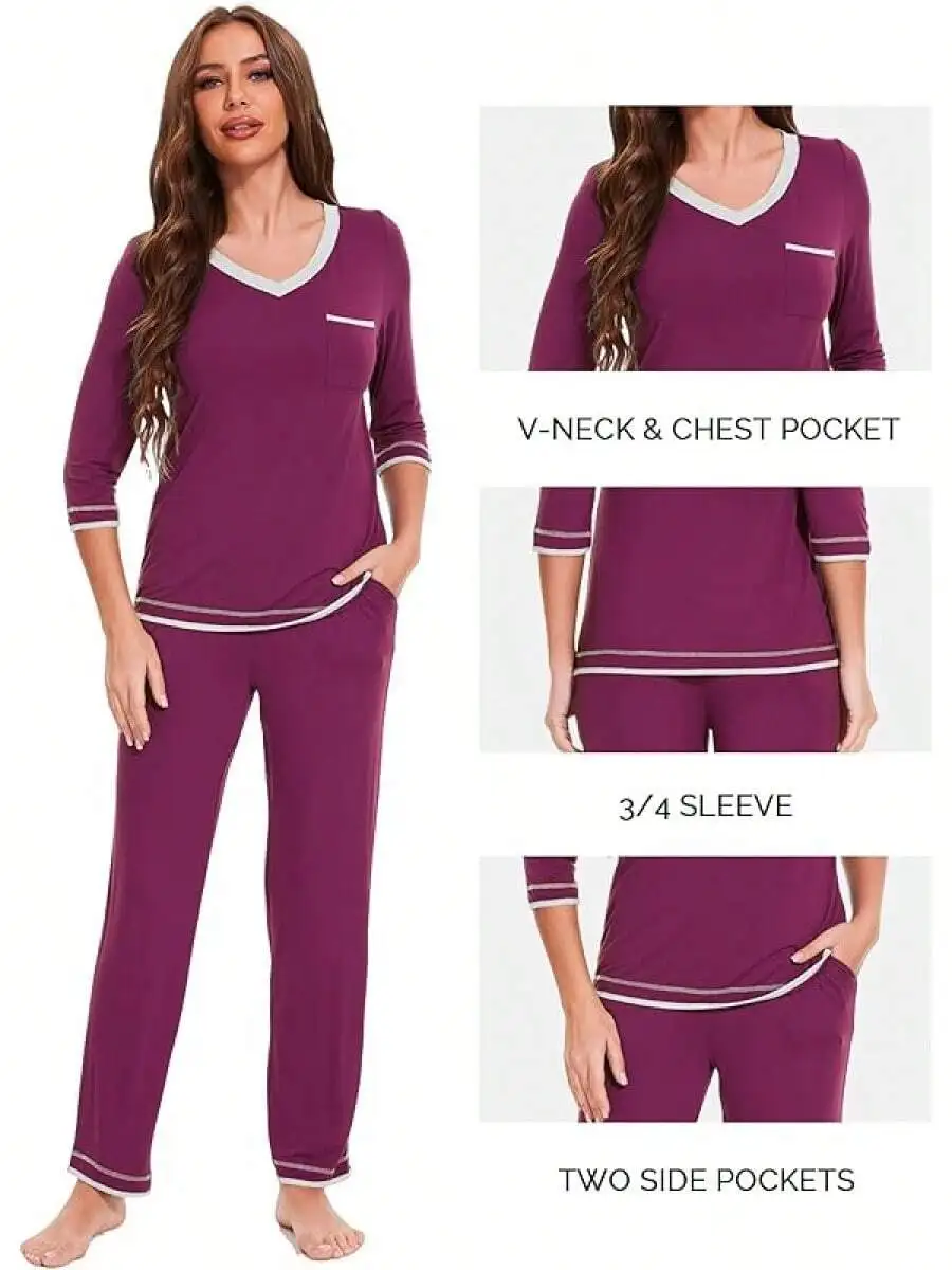 Bamboo Viscose Womens 3/4 Sleeve Pajama Set V Neck Sleepwear With Chest And Side Pockets
Bamboo Viscose Womens 3/4 Sleeve Pajama Set V Neck Sleepwear With Chest And Side Pockets