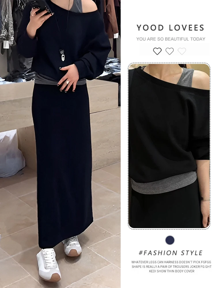 Korean Style Slimming Black Two-Piece Set Casual Shoulder Shirt High Waist Midi Skirt Spring Autumn Fashion Ensemble
Korean Style Slimming Black Two-Piece Set Casual Shoulder Shirt High Waist Midi Skirt Spring Autumn Fashion Ensemble