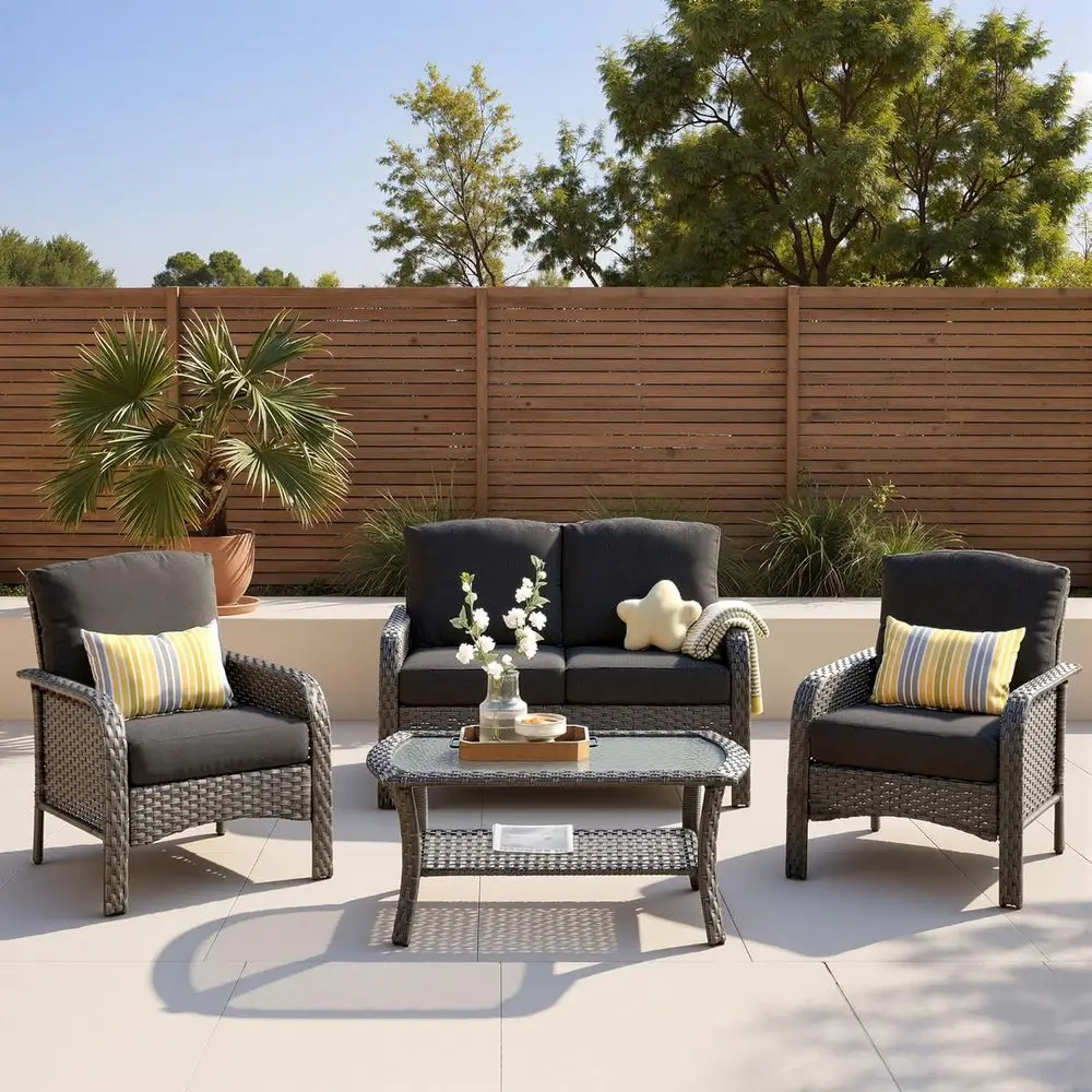 All-Weather High Back Wicker Patio Furniture Set with Coffee Table for Balcony, Porch, or Garden in Black
All-Weather High Back Wicker Patio Furniture Set with Coffee Table for Balcony, Porch, or Garden in Black