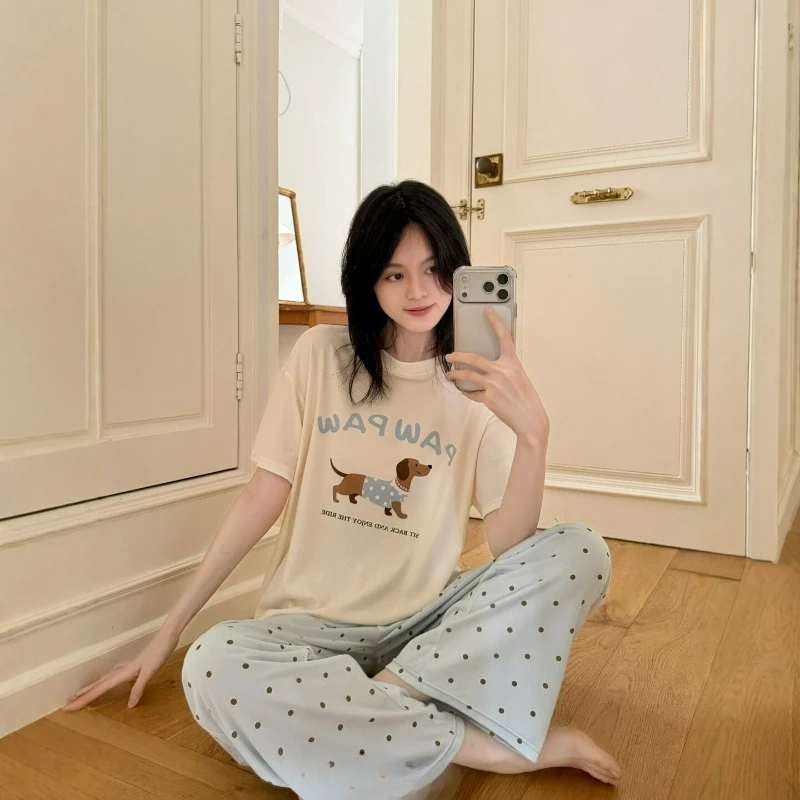 New Style Fashionable Casual Loose and Comfortable Home Clothes for Women 2026 Summer Korean Sweet and Cute Printed Dog Set
New Style Fashionable Casual Loose and Comfortable Home Clothes for Women 2026 Summer Korean Sweet and Cute Printed Dog Set