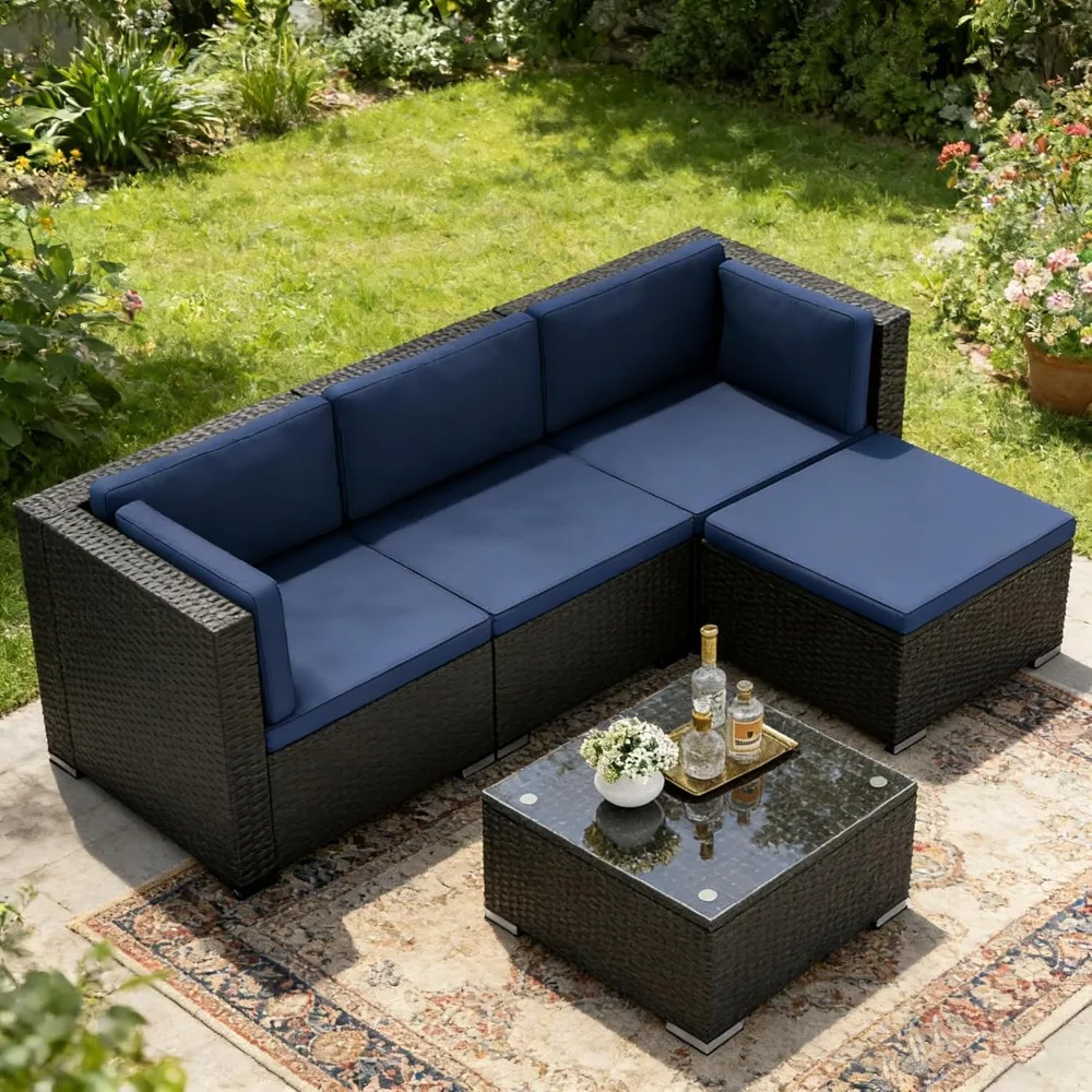 5-Piece Outdoor Patio Furniture Set, All-Weather PE Rattan Sectional Sofa with Ottoman, Glass Coffee Table &, Customized
5-Piece Outdoor Patio Furniture Set, All-Weather PE Rattan Sectional Sofa with Ottoman, Glass Coffee Table &, Customized