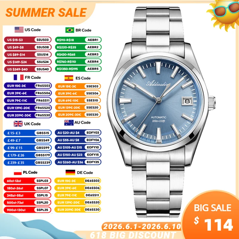 ADDIESDIVE Men Watches 39mm NH35A Automatic Mechanical Watch Waterproof 100m BGW9 Luminous Bubble Glass 316L Steel Wristwatch
ADDIESDIVE Men Watches 39mm NH35A Automatic Mechanical Watch Waterproof 100m BGW9 Luminous Bubble Glass 316L Steel Wristwatch