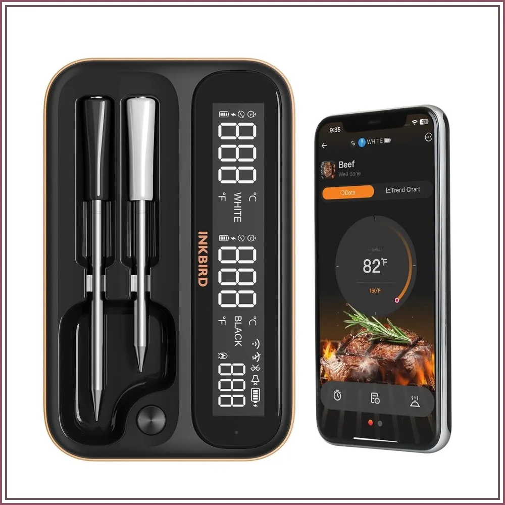 5GHz & 2.4GHz WiFi Wireless Meat Thermometer with 2 Probes, Unlimited Range, Bluetooth 5.4, 360° LCD
5GHz & 2.4GHz WiFi Wireless Meat Thermometer with 2 Probes, Unlimited Range, Bluetooth 5.4, 360° LCD