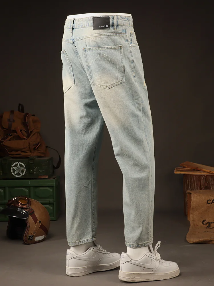 Летние тонкие модные брендовые свободные прямые рваные джинсы в американском стиле ретро, мужские молодежные модные укороченные брюки больших размеров 
Летние тонкие модные брендовые свободные прямые рваные джинсы в американском стиле ретро, мужские молодежные модные укороченные брюки больших размеров