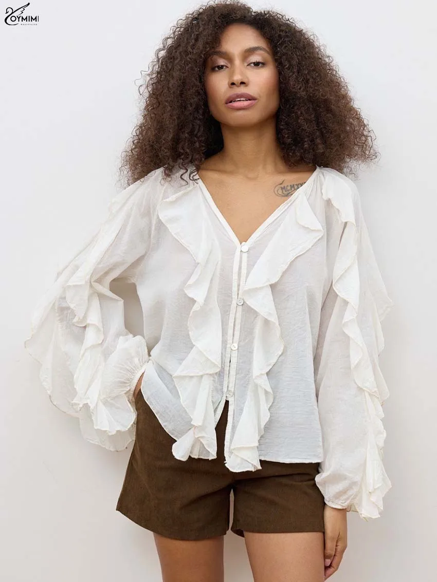 Oymimi Casual White Cotton Woman Blouses Elegant V-Neck Long Sleeve Ruffled Blouses Fashion Single Breasted Solid Blouse Female
Oymimi Casual White Cotton Woman Blouses Elegant V-Neck Long Sleeve Ruffled Blouses Fashion Single Breasted Solid Blouse Female