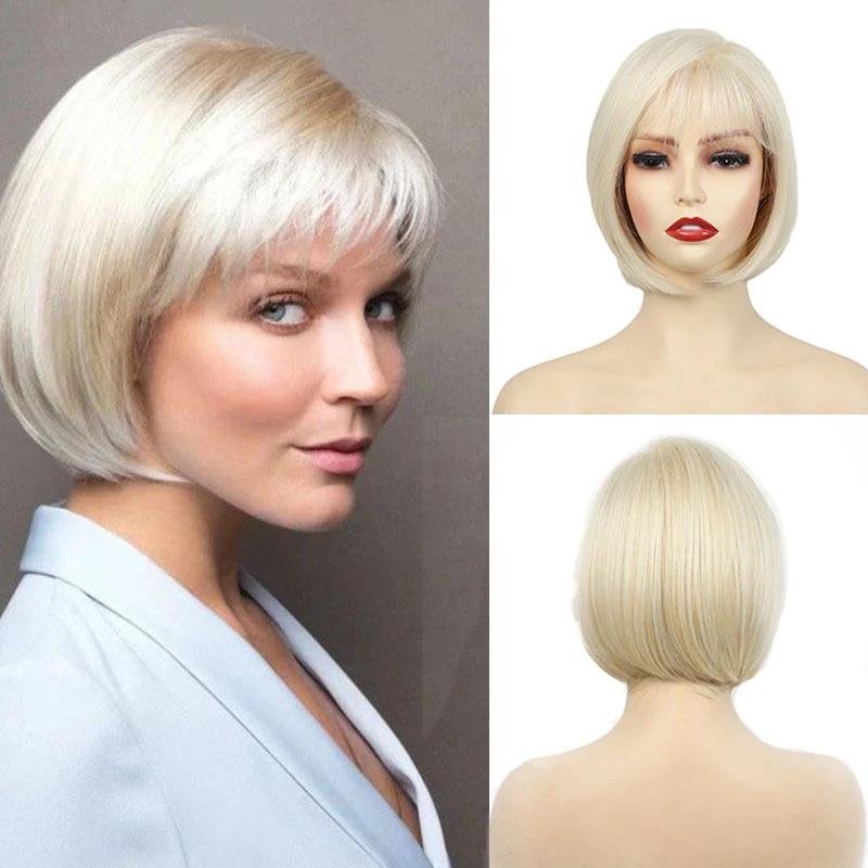 European-style women's short straight hair , golden bob wig with bangs, synthetic fiber headpiece
European-style women's short straight hair , golden bob wig with bangs, synthetic fiber headpiece