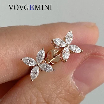 Vovgemini 모이사나이트 스터드 귀걸이 2x4mm 0.1ct 후작 컷 순수 진짜 정품 9k 14k 옐로우 골드 플라워 디자인 로맨틱 쥬얼리