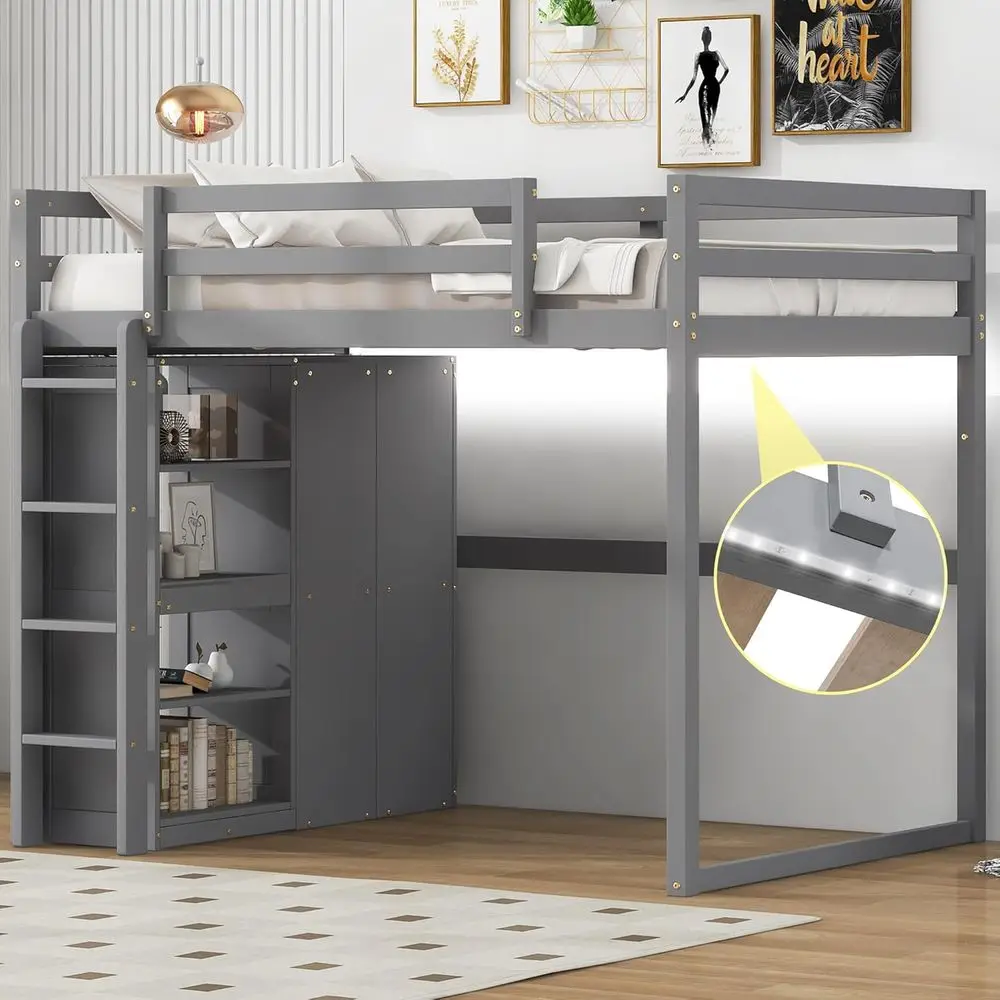Full Size Loft Bed with Storage Shelves, Wardrobe, and LED Light - Space-Saving for Kids, Teens, Adults - Grey
Full Size Loft Bed with Storage Shelves, Wardrobe, and LED Light - Space-Saving for Kids, Teens, Adults - Grey