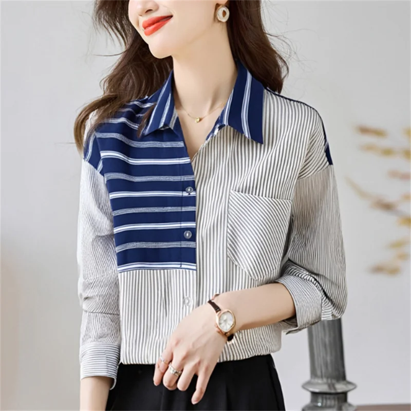 New Women's Shirt Lapel Color Striped Chiffon Shirt Blouses Cardigan Shirt Bottom Top Fashion Blouse Youth Woman Clothes Blous
New Women's Shirt Lapel Color Striped Chiffon Shirt Blouses Cardigan Shirt Bottom Top Fashion Blouse Youth Woman Clothes Blous