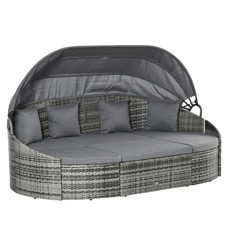 Grey Outdoor Round Daybed 4 Pieces Wicker Outdoor Rattan Sofa with Canopy,Cushions,Pillows for Lawn Garden Backyard
Grey Outdoor Round Daybed 4 Pieces Wicker Outdoor Rattan Sofa with Canopy,Cushions,Pillows for Lawn Garden Backyard