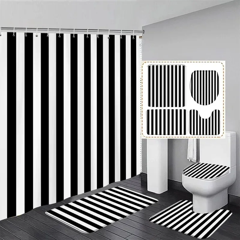 Black and White Striped Shower Curtain Set Modern Geometric Bath Curtains Bathroom Decor Carpet with Bath Mats Toilet Lid Cover
Black and White Striped Shower Curtain Set Modern Geometric Bath Curtains Bathroom Decor Carpet with Bath Mats Toilet Lid Cover