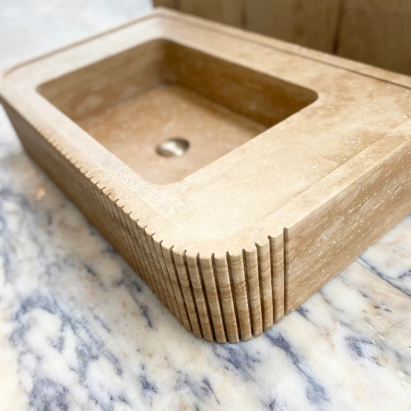 Retro French style, sink natural yellow travertine island marble, villa homestay washstand floor side
Retro French style, sink natural yellow travertine island marble, villa homestay washstand floor side