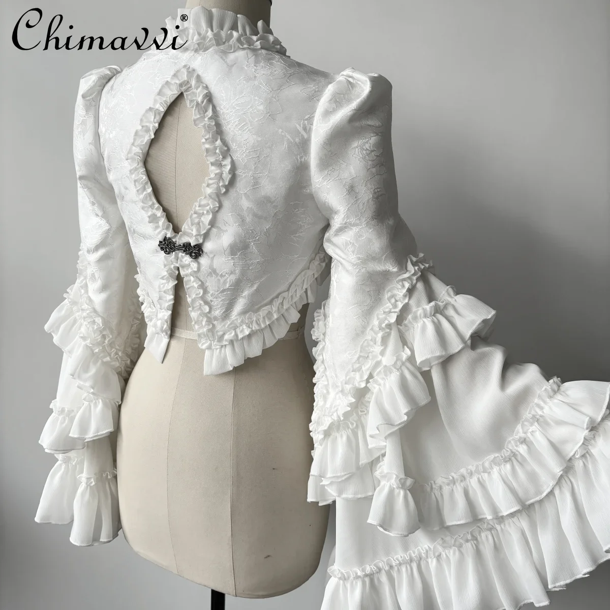 New Spring Autumn Gothic Style Back Hollow Out Flare Sleeve Short Cardigan Coat Lace Jacquard Black White Cape Jacket Women
New Spring Autumn Gothic Style Back Hollow Out Flare Sleeve Short Cardigan Coat Lace Jacquard Black White Cape Jacket Women