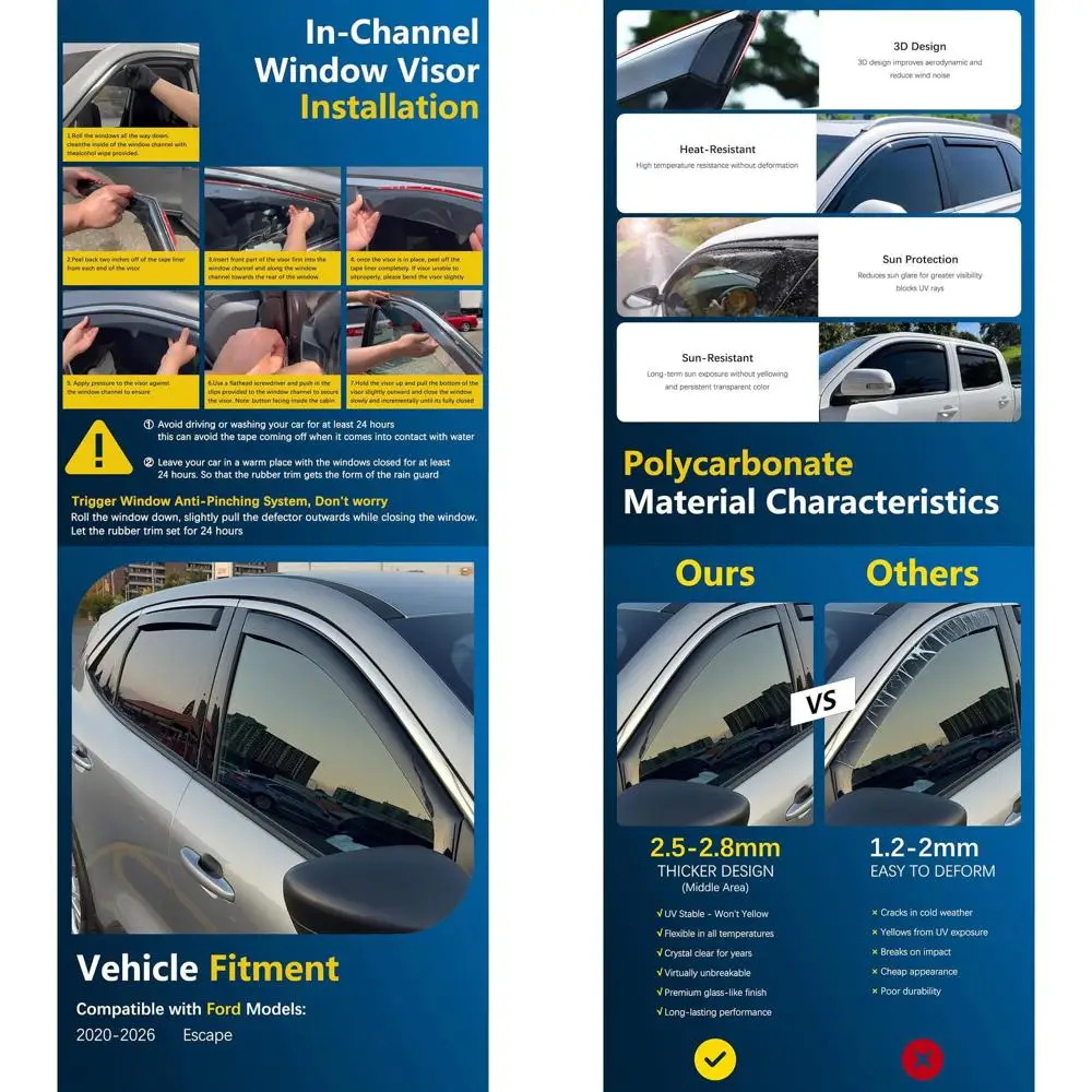 Shatterproof in-Channel Rain Guards for Ford Escape 2020-2026, Clip-on Window Deflectors Vent Window Visors Rain Sun Wind Guards
Shatterproof in-Channel Rain Guards for Ford Escape 2020-2026, Clip-on Window Deflectors Vent Window Visors Rain Sun Wind Guards