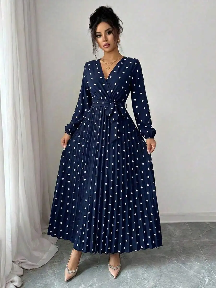 Polka Dot Wrap Dress Women V-Neck Long Sleeve Pleated Tie Front Flounce Hem Elegant Midi Dress
Polka Dot Wrap Dress Women V-Neck Long Sleeve Pleated Tie Front Flounce Hem Elegant Midi Dress