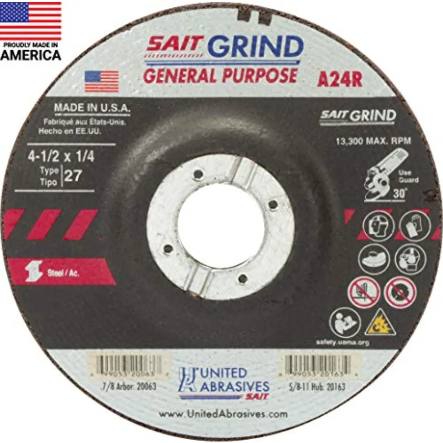 SAIT 20063 A24R General Purpose Long Life Grinding Wheel Type 27 Depressed Center 4 1/2 Inch Diameter 1/4 Inch Thickness 7/8 In
SAIT 20063 A24R General Purpose Long Life Grinding Wheel Type 27 Depressed Center 4 1/2 Inch Diameter 1/4 Inch Thickness 7/8 In