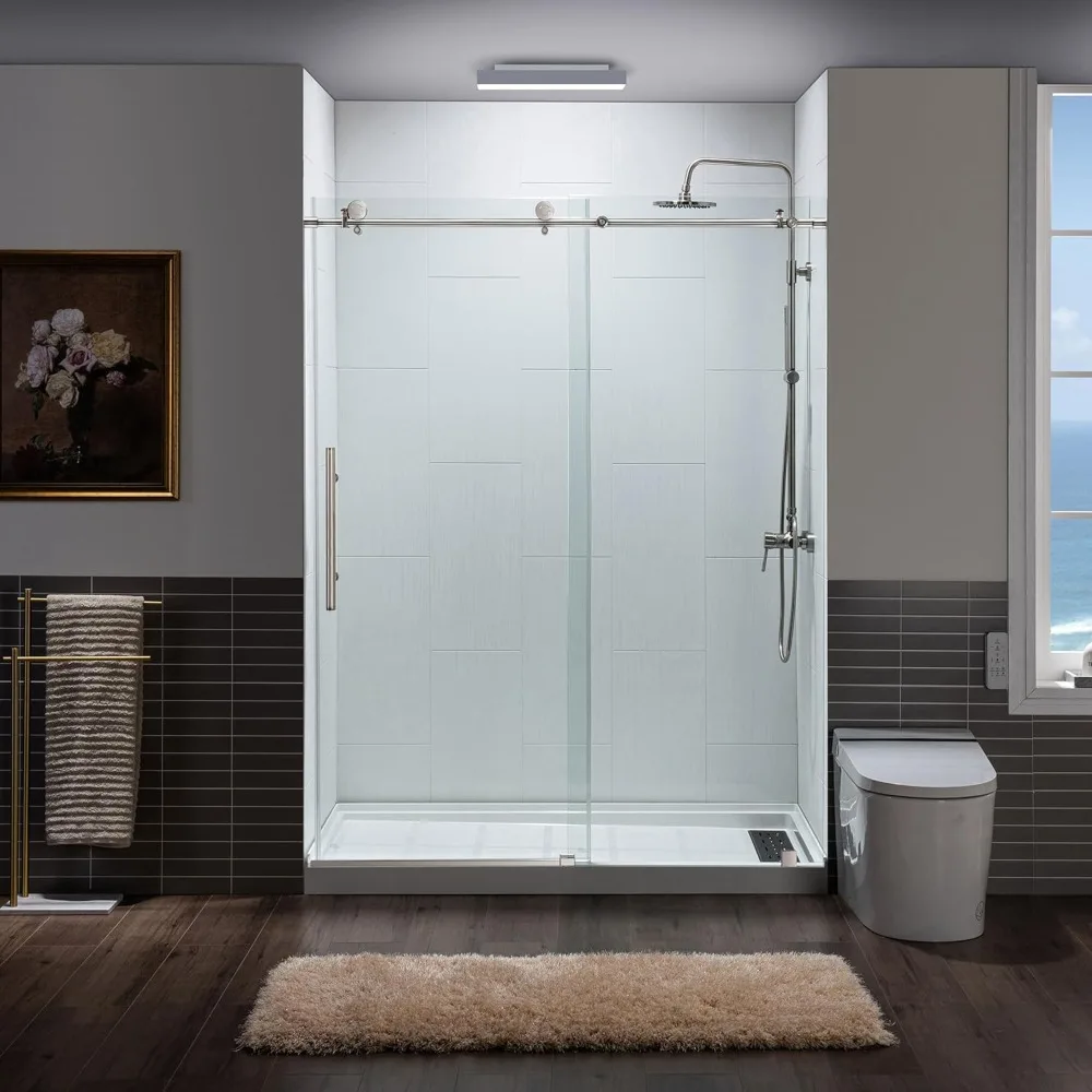 Frameless Sliding Shower, 56"-60" Width, 76" Height, 3/8" (10 mm) Clear Tempered Glass, Brushed Nickel Finish, Designed for Smo 
Frameless Sliding Shower, 56"-60" Width, 76" Height, 3/8" (10 mm) Clear Tempered Glass, Brushed Nickel Finish, Designed for Smo