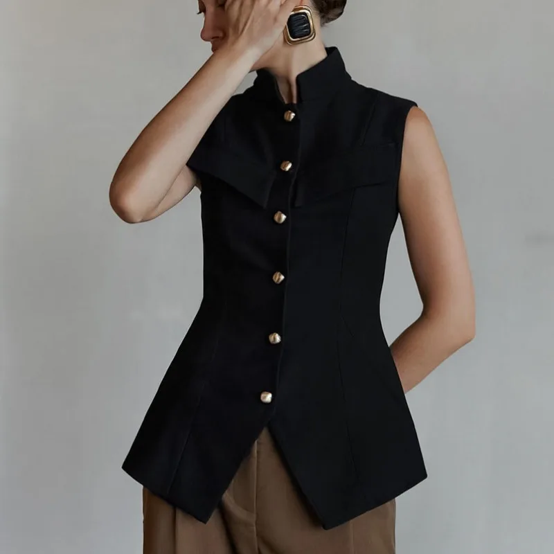 European and American Women's Clothing Spring Summer New Stand-up Collar Breasted Sleeveless Waist Split Temperament Top Vest
European and American Women's Clothing Spring Summer New Stand-up Collar Breasted Sleeveless Waist Split Temperament Top Vest